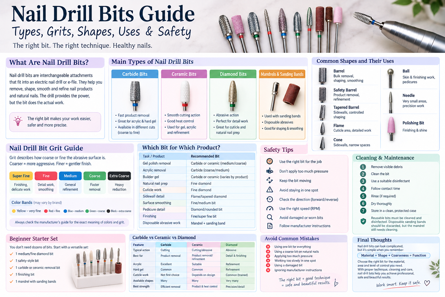 Nail Drill Bits Guide: Types, Grits, Shapes, Uses & Safety